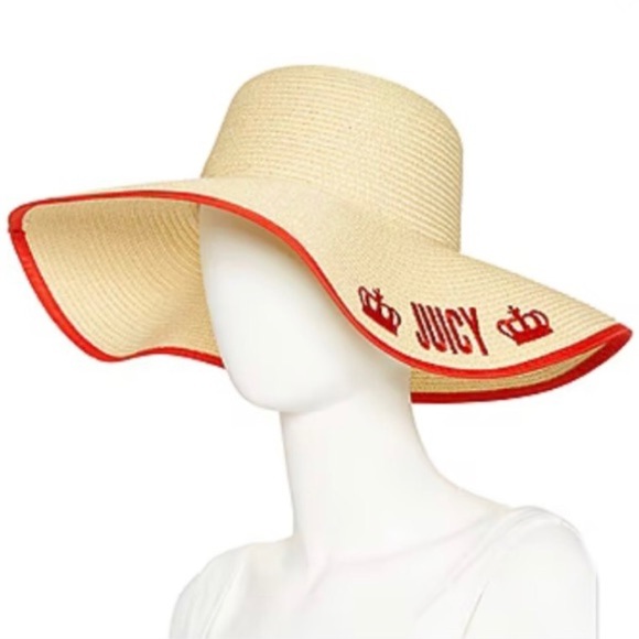 Juicy Couture Natural Tan Red Trim Piping Embroidered Floppy Beach Summer Hat - Picture 1 of 4